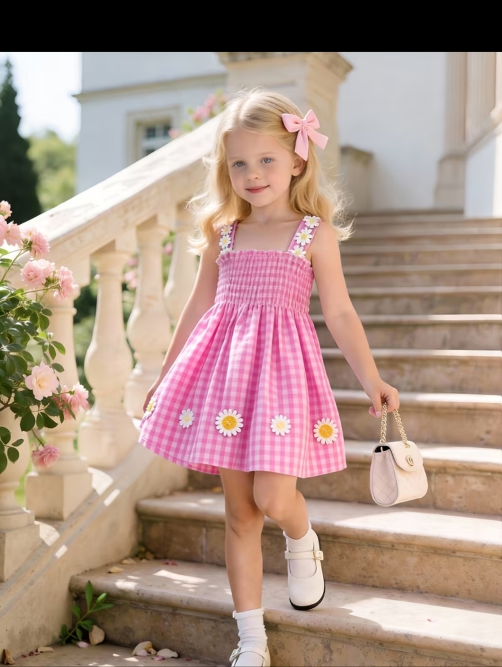 New Girls Pink Gingham Daisy Sundress sz 5-6yr #1359-403